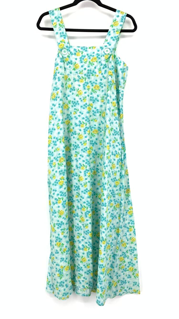 Vintage 70s A-Line Sleeveless Maxi Dress Apx Womens Size L Blue Yellow Floral